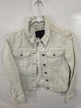 AllSaints Off-White Light Jean Wash Distressed Denim Jacket Size 4 Womans